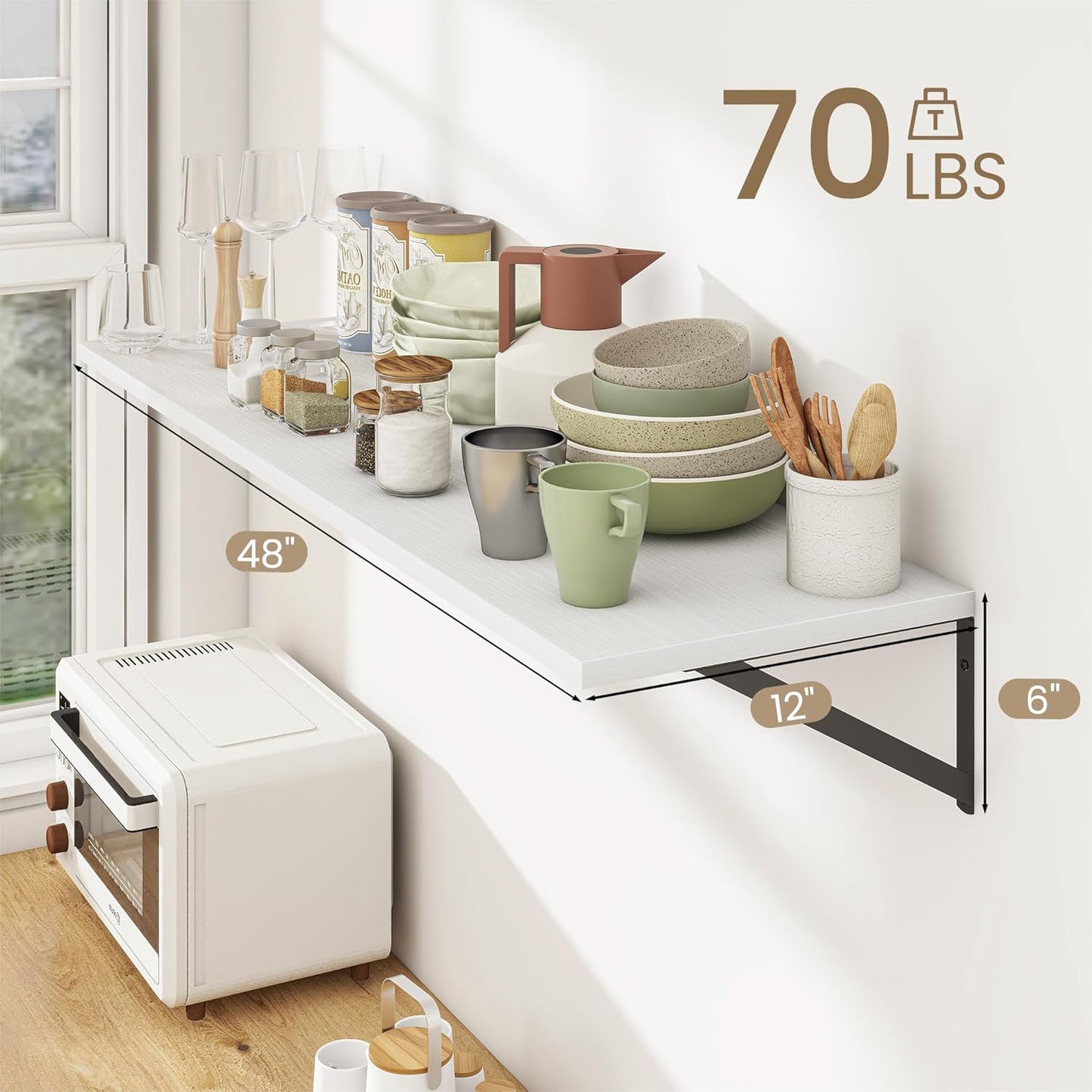 Dreamland Floating Shelves for Wall, 12 Inch Deep Floating Shelves Set of 2, 48W x 12D Large Wall Shelf with Sturdy Metal Brackets for Living Room, Bathroom, Bedroom and Kitchen, White