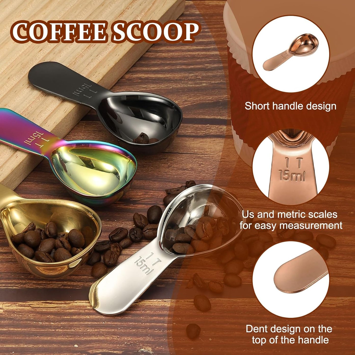 uxcell 2Pcs Stainless Steel Coffee Scoop, 15ml Short Handle Measuring Spoon for Ground Coffee Tea Sugar Kitchen Gifts, Rose gold