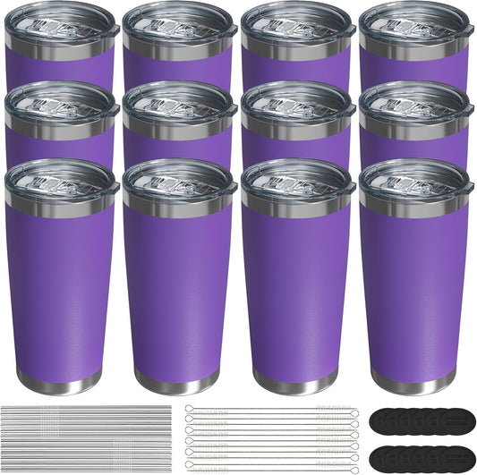 Travel Coffee Tumbler 20oz, 12 Pack Leakproof Travel Coffee Mug with Lid and Straw, Stainless Steel Double Wall Vacuum Insulated Tumbler for Hot/Iced Drinks (Textured Matte, Purple)