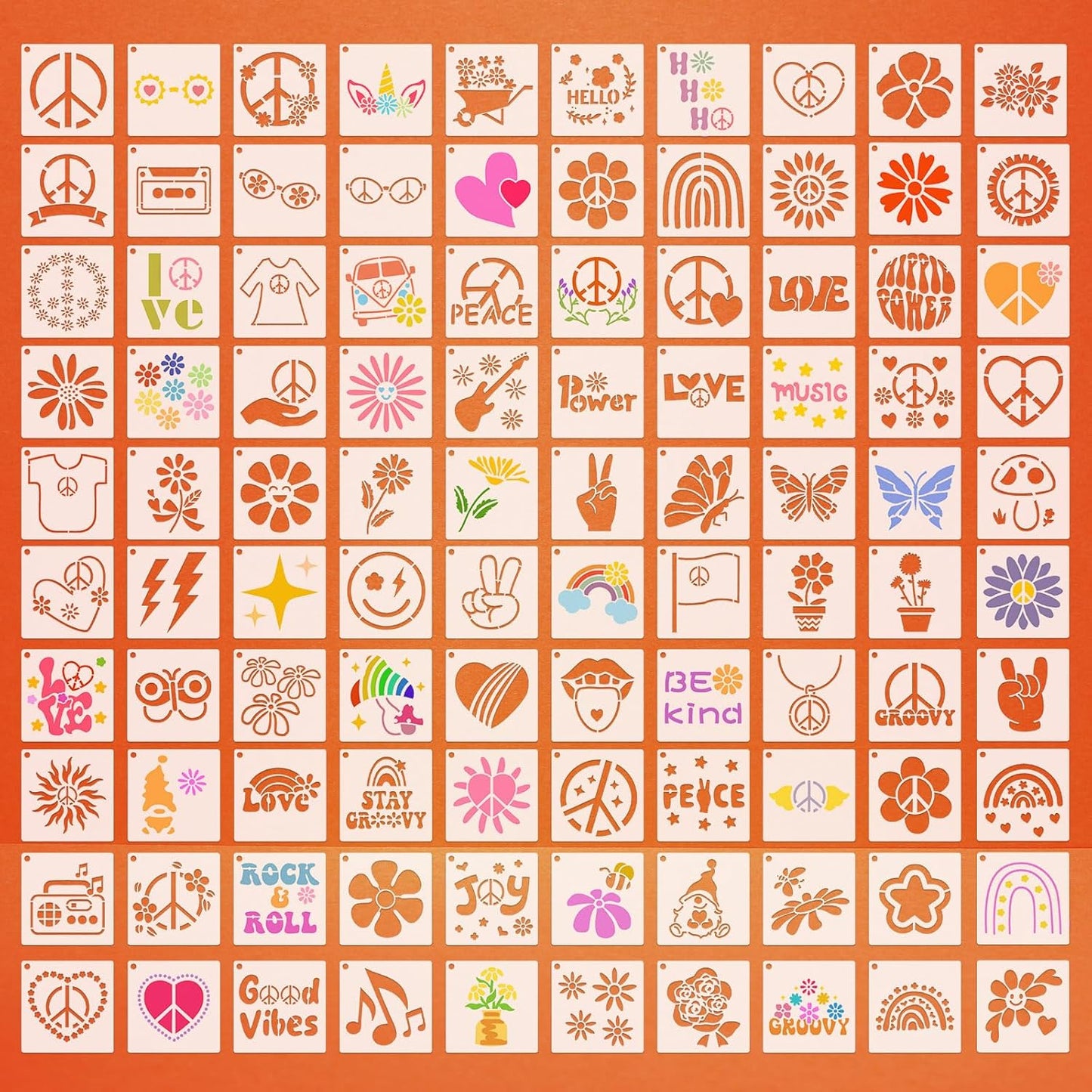 Fainne 100 Pcs Stencils for Painting on Wood Reusable Stencil Crafts Drawing Templates Holiday Wall Paper for DIY Scrapbook Home 2 x 2 Inch (Groovy Party)