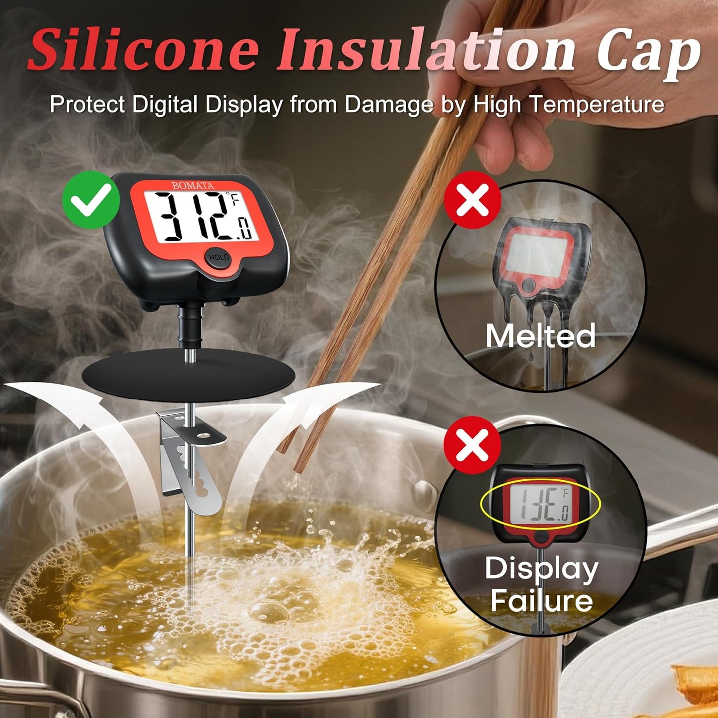 BOMATA Digital Candy Thermometer with Pot Clip, Deep Fry Oil Thermometer with Rotatable Display & Long Probe, for Candy Candle Making, Cooking, Food, Liquids, Water, Sugar.. Black