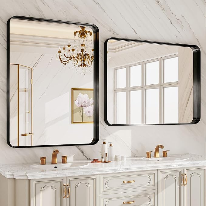 Matte Black Metal Framed Vanity Rounded Rectangle Bathroom 24X32 Inch Mirrors - Image 3