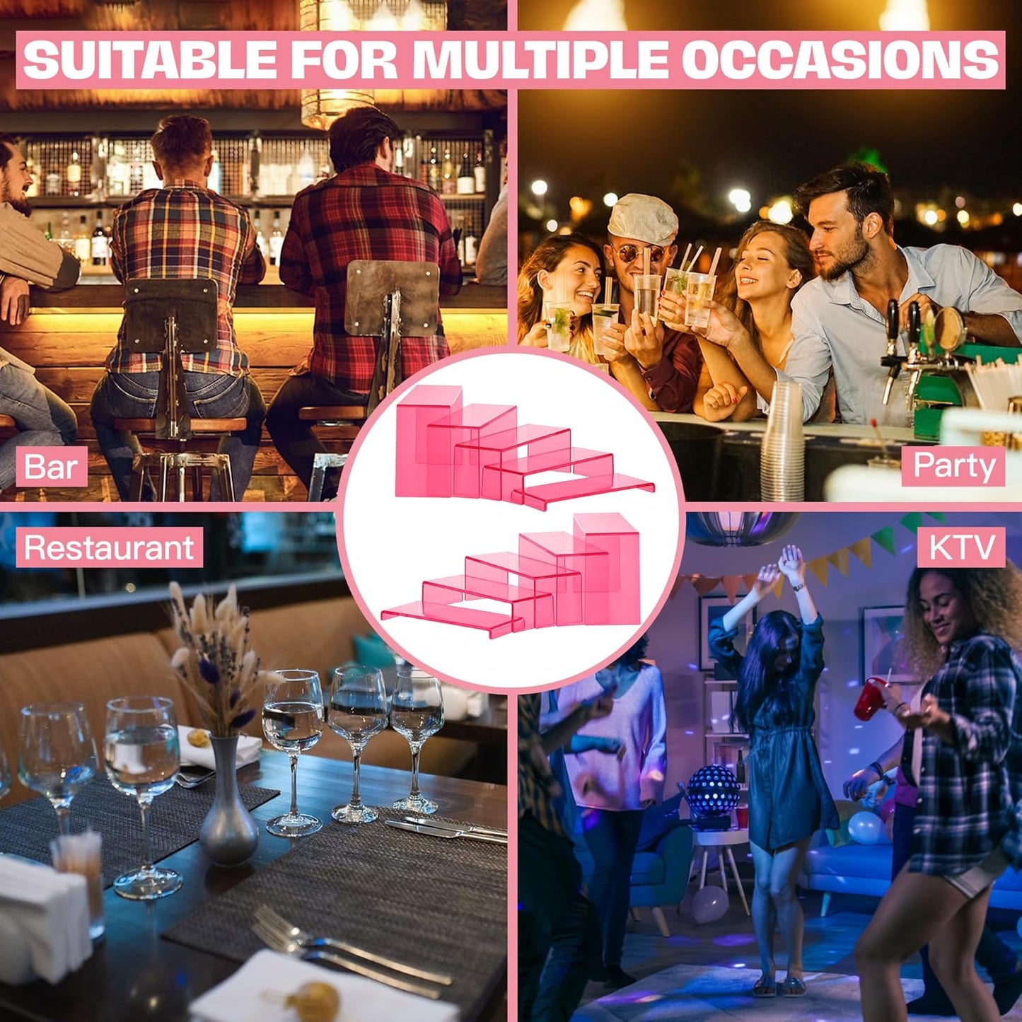 Goabroa Acrylic Display Risers, 2 Sets 10 Pcs Perfume Stand Organizer, Rectangular Riser Shelves for Figures, Cupcake, perfume display, Wine Glass and Handbag display，Transparent Pink