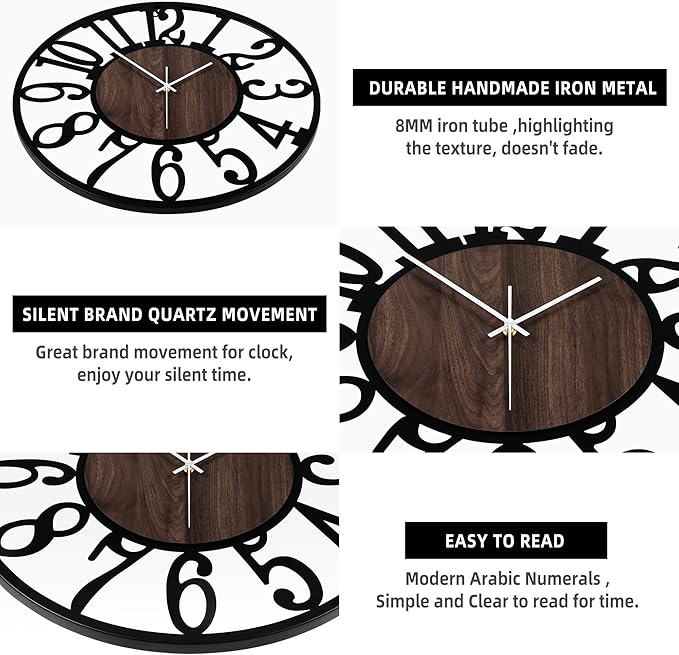 LEIKE Large Wall Clocks, Non Ticking, Battery Operated Rustic Round Modern Big - Image 3