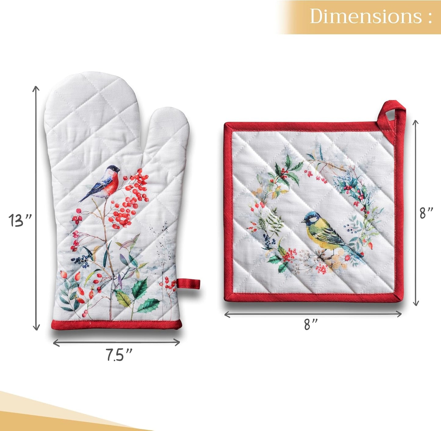 Maison d' Hermine 100% Cotton Oven Mitt & Pot Holder Set (7.5"x13" & 8"x8") Heat Resistant BBQ Cooking Gloves with Loop, Baking, Grilling, Kitchen, Handling Hot Pans (Morzine)