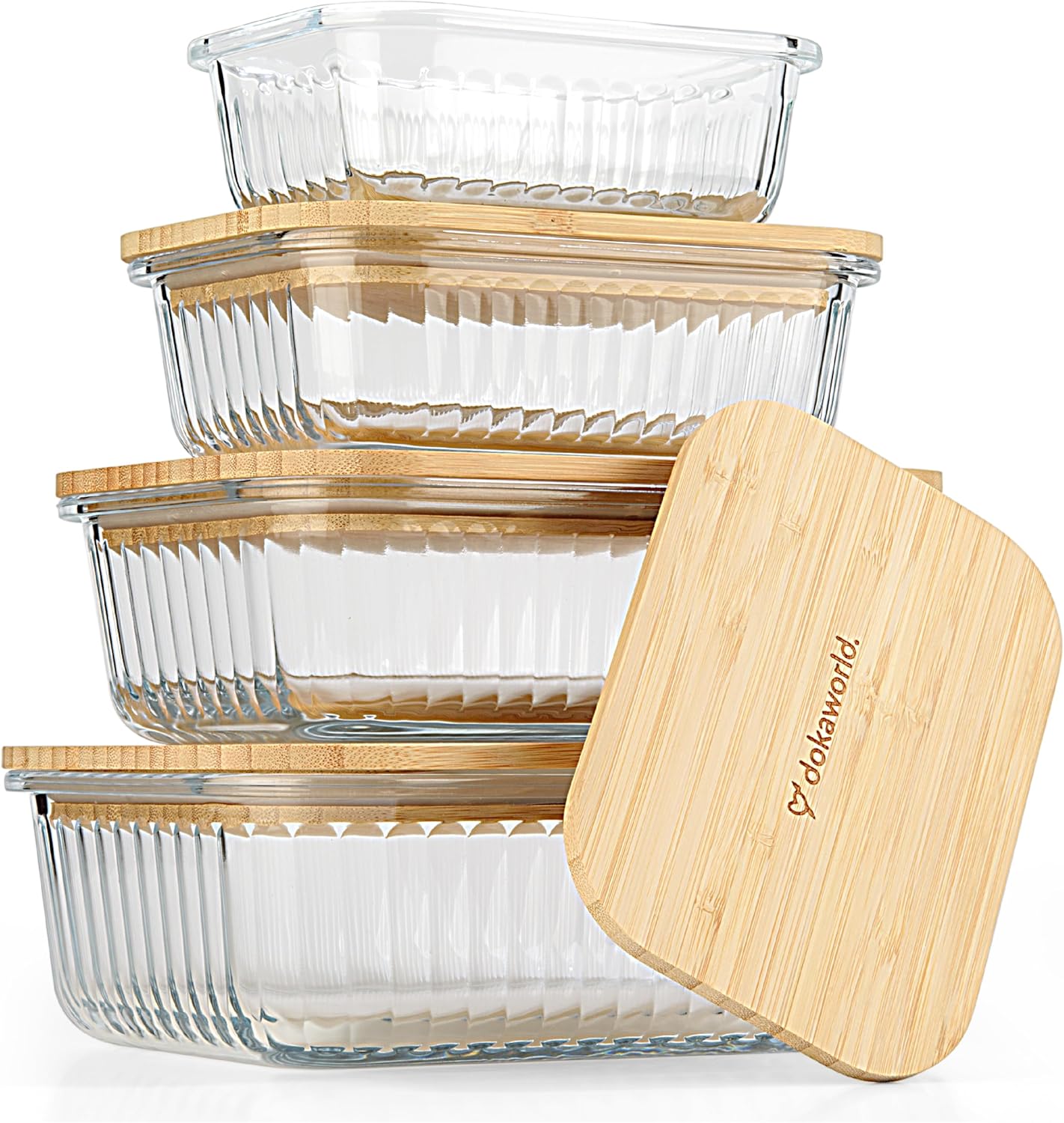 Ribbed Glass Tupperware Set with Bamboo Lids - 4 Stackable Meal Prep Containers. Durable heat resistant Inert Borosilicate Glass
