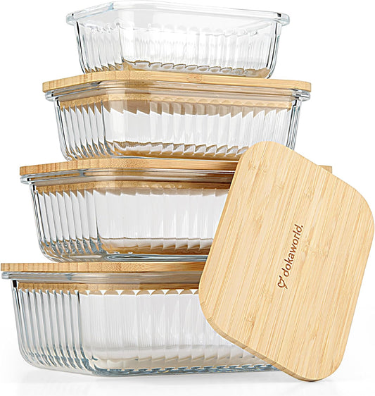 Ribbed Glass Tupperware Set with Bamboo Lids - 4 Stackable Meal Prep Containers. Durable heat resistant Inert Borosilicate Glass