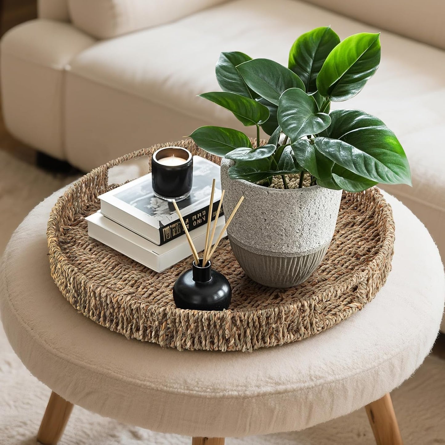 Round Ottoman Tray Large Wicker Serving Tray with Handles for Coffee Table, 20 Inch Handwoven Natural Seagrass Tray