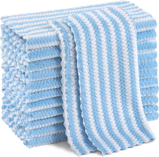 Homaxy 12 Pack Kitchen Dish Cloths, Ultra Soft and Absorbent Dish Towels, Reusable Fast Drying Microfiber Cleaning Cloth, Coral Velvet Wave Design No-lint, 10 x 10 inches, Blue