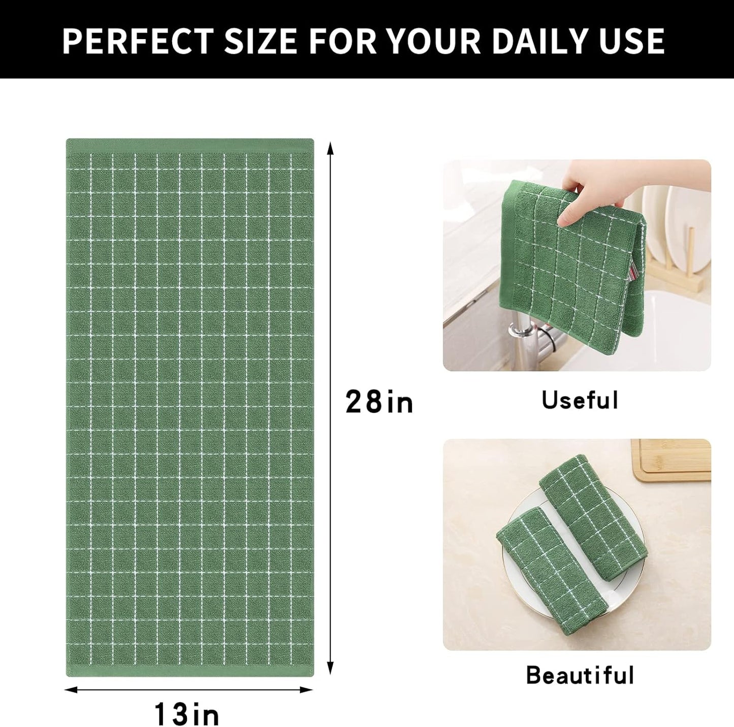 Homaxy 100% Cotton Terry Kitchen Towels(Grass Green, 13 x 28 inches), Checkered Designed, Soft and Super Absorbent Dish Towels, 4 Pack