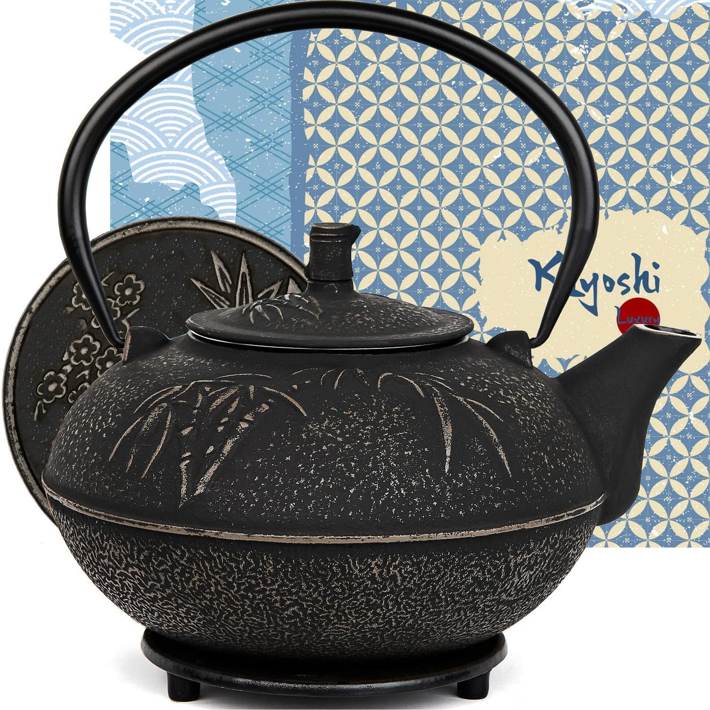 XXL Japanese Cast Iron Teapot with Infuser & Matching Trivet - Large 85 Oz/2500ml Tetsubin Loose Leaf Tea Pot with Enamel Interior - Handcrafted Big Cast Iron Tea Kettle Humidifier Set - Black