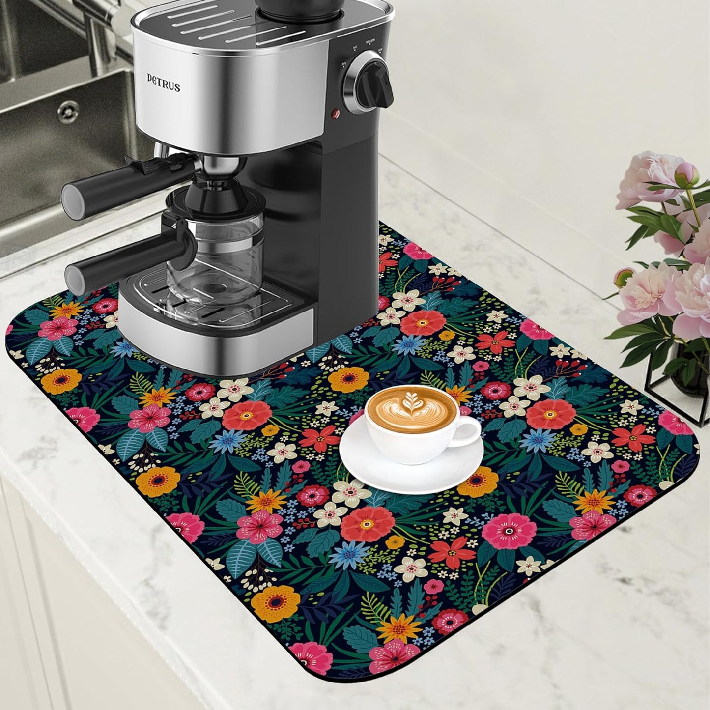 Dish Drying Mat Colorful Flowers and Leaves Coffee Bar Mat for Countertop Absorbent Hide Stain Rubber Backed Dish Drainer Rack Pad Espresso Machine Table Accessories Dining Room Decor 11.8 x 19.7 Inch