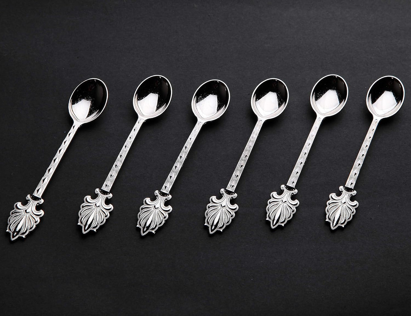 Alisveristime Turkish Tea Spoons Set – 6-Piece Zamac Ottoman-Style Decorative Spoons for Tea & Coffee (4.3”) (Silver)