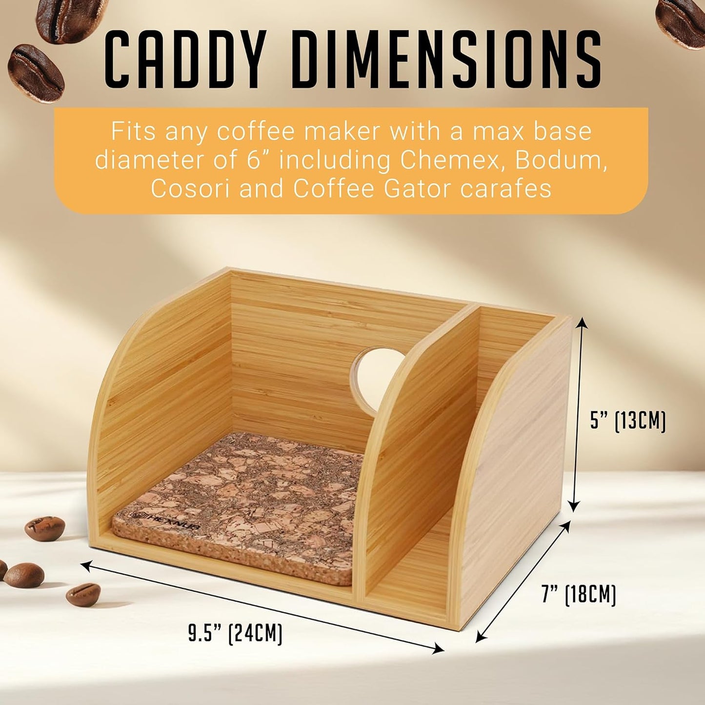 HEXNUB – Caddy and Lid for Pour Over Coffee Maker, Bamboo Stand fits Chemex, Bodum, Cosori Coffee Carafes, Heatproof Mat, Filter Holder for Drip Coffee Maker - Cork Mat