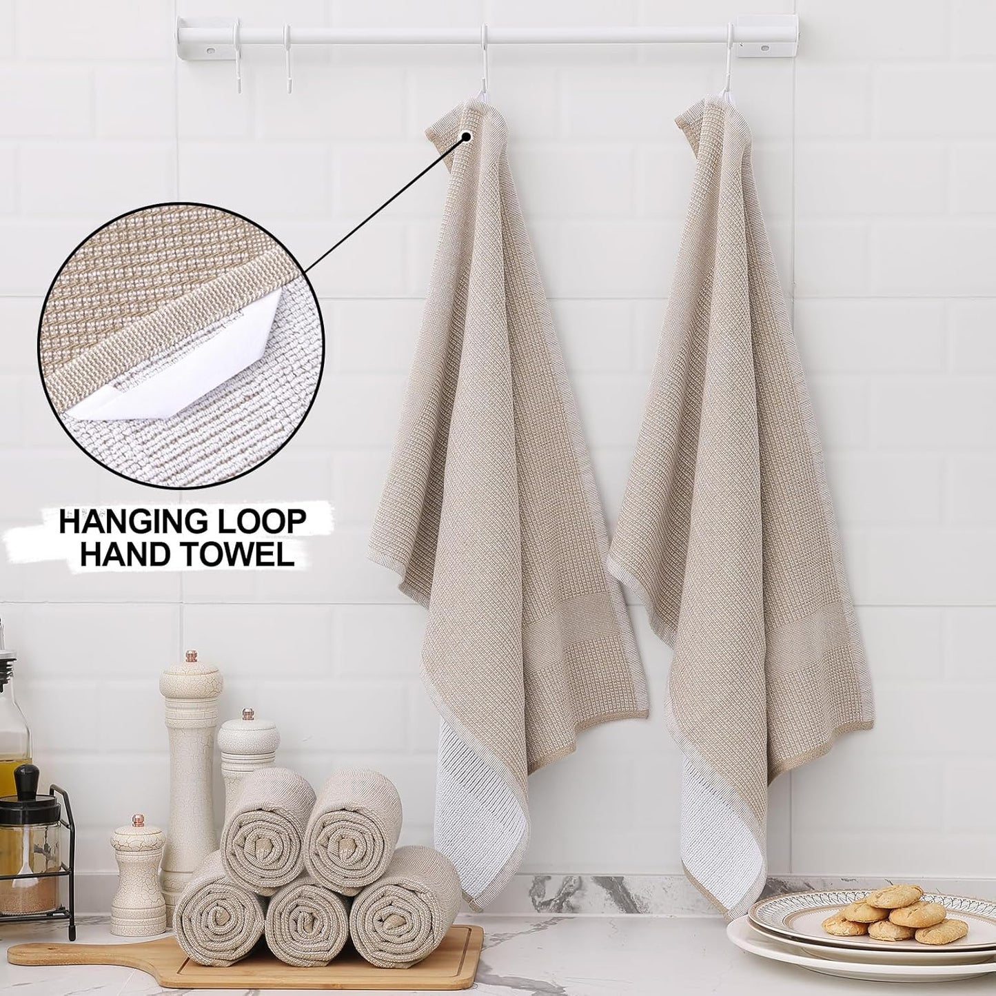 Homaxy Premium Kitchen Towels(18”x 28”, 8 Pack), Large Cotton Kitchen Hand Towels, Flat and Terry Dish Towels, 380 GSM Highly Absorbent Tea Towel Set with Hanging Loop, Khaki