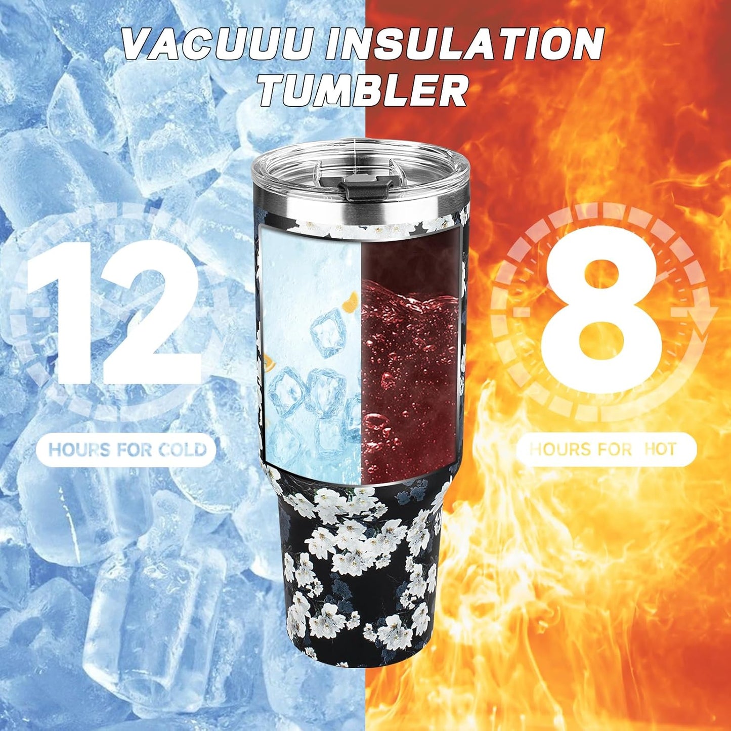 40 oz Tumbler with Lids and Straws, Stainless Steel Insulated Coffee Tumbler, Double Wall Vacuum Insulated Travel Mug Cup, Leakproof Thermal Coffee Cup for Hot and Cold Drinks (White Flower)