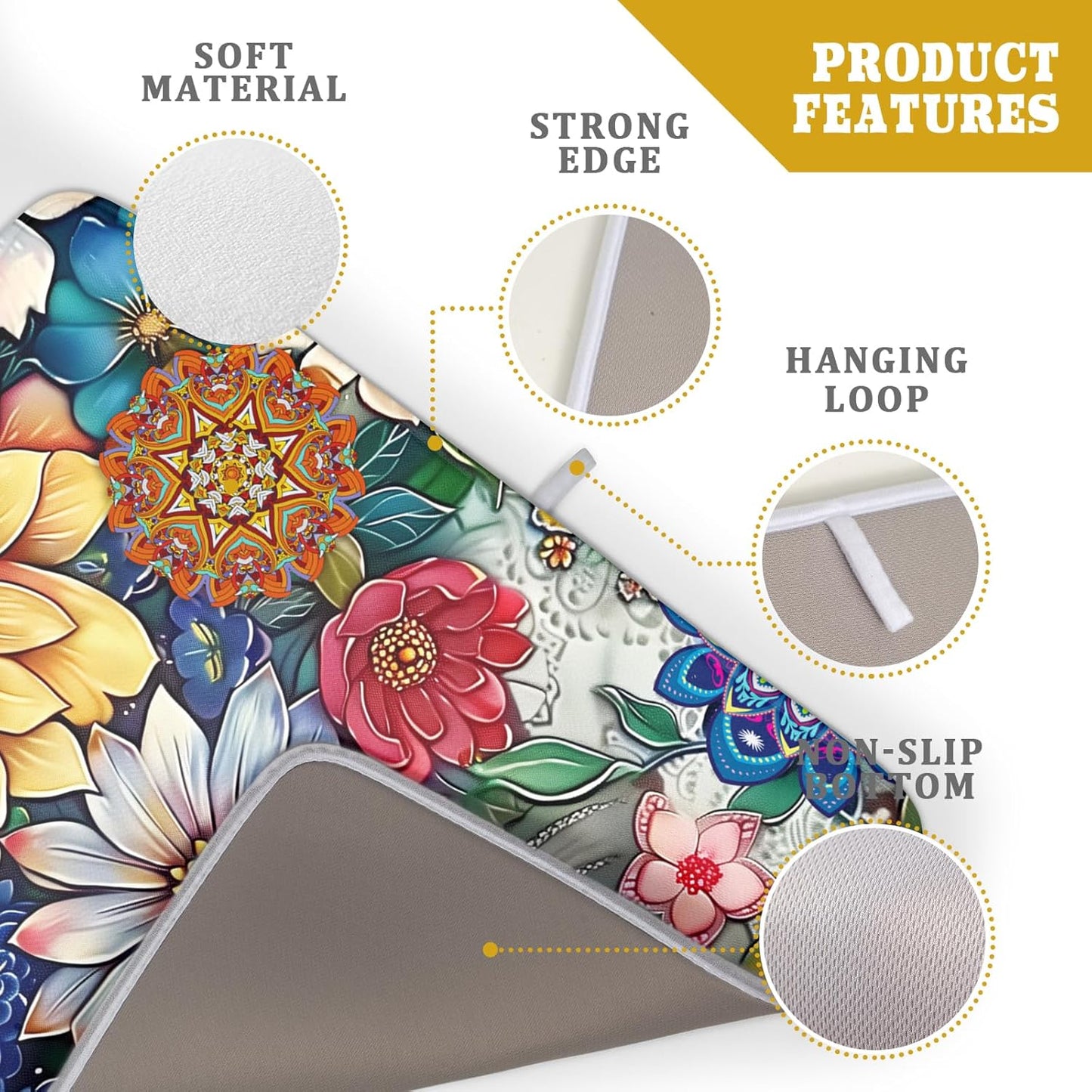 Boho Floral Dish Drying Mat for Kitchen Counter 16x18 Inch Boho Blooming Flower Dishes Pad Super Absorbent Drying Mat Heat Resistant Dish Drying Pad Anti-Slip Dish Mat Fast Dry Kitchen Bar Accessories