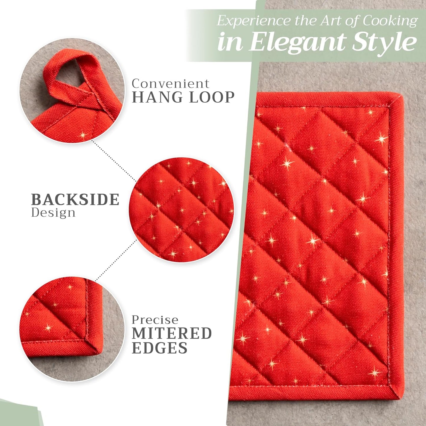 Maison d' Hermine 100% Cotton Oven Mitt & Pot Holder Set (7.5"x13" & 8"x8") Heat Resistant BBQ Cooking Gloves with Loop, Baking, Grilling, Kitchen, Handling Hot Pans (Noel)