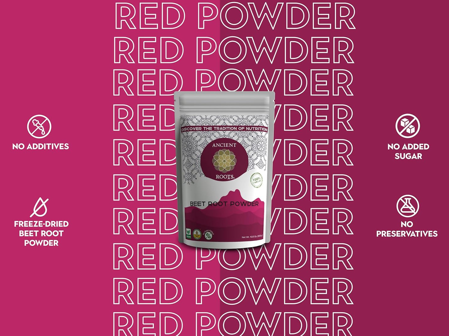 Ancient Roots Beet Root Powder - Freeze - Dried, All-Natural, No Sugar Added, Heart Health Support, Help Boost Stamina Naturally, Natural Food Coloring, Beets, Bulk Size 10.5 Ounces (75 Servings)