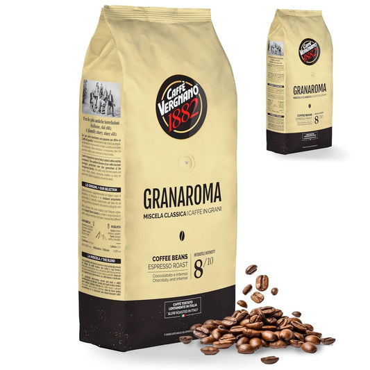 Caffe Vergnano 1882 Gran Aroma Whole Bean Arabica Medium Espresso Roast Coffee, 2.2lbs Bag - Italian Coffee Beans with Rich notes of Cocoa, Spices & Dried Fruit, Intensity 8/10-1000g Bag (2 Pk)