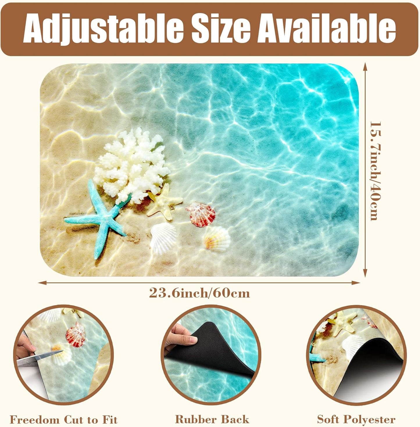 Starfish and Seashell Beach Dish Drying Mat for Kitchen Counter - Hide Stain Rubber Backed Absorbent Mat - Fits Under Coffee Maker, Espresso Machine - 15.7 x 23.6 Inch