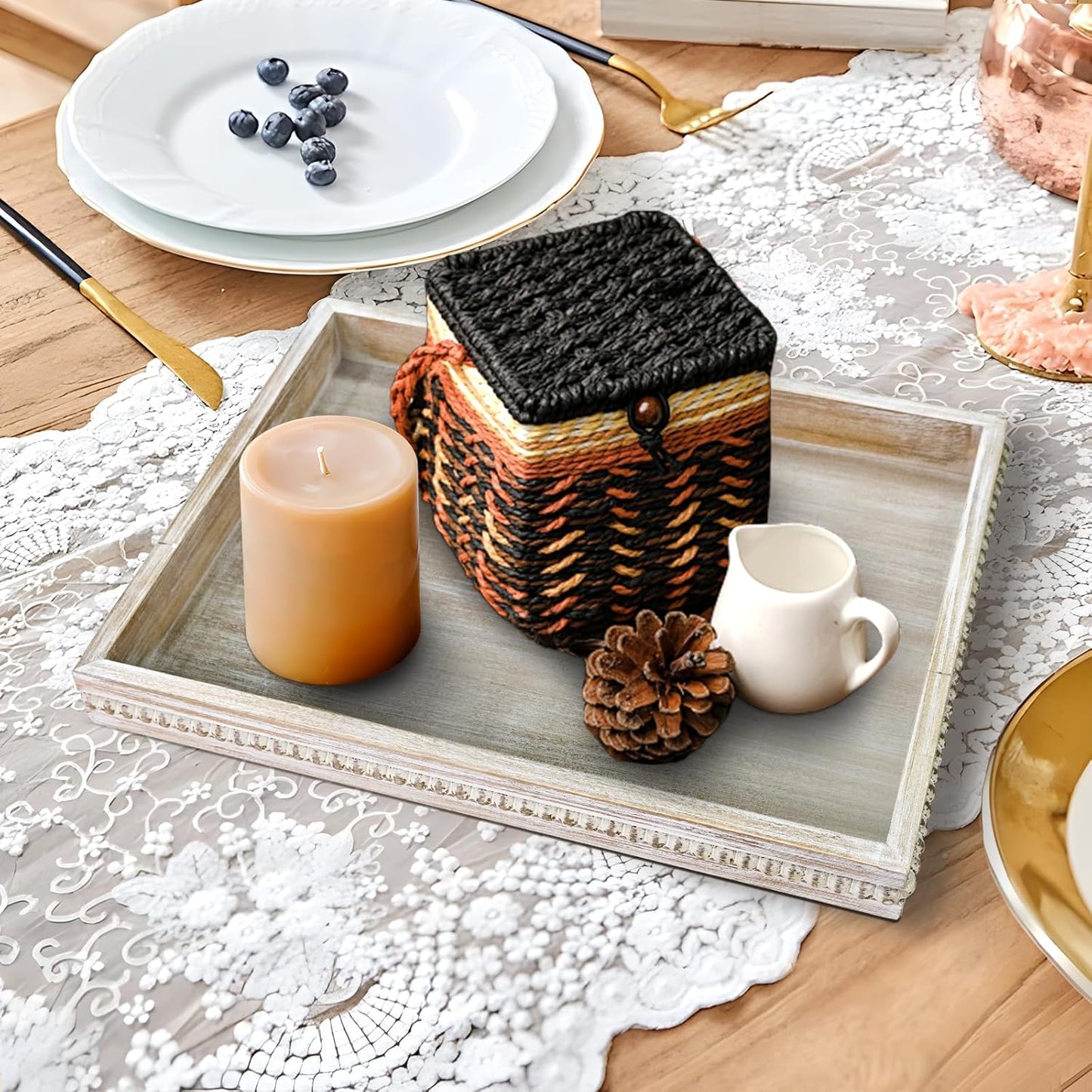 Wooden Decorative Tray, Rectangular Serving Tray with Wood Bead, Farmhouse Big Tray for Ottoman, Countertop, Coffee Tabl, 16.5" x 13"x 1.6" (White Washed)