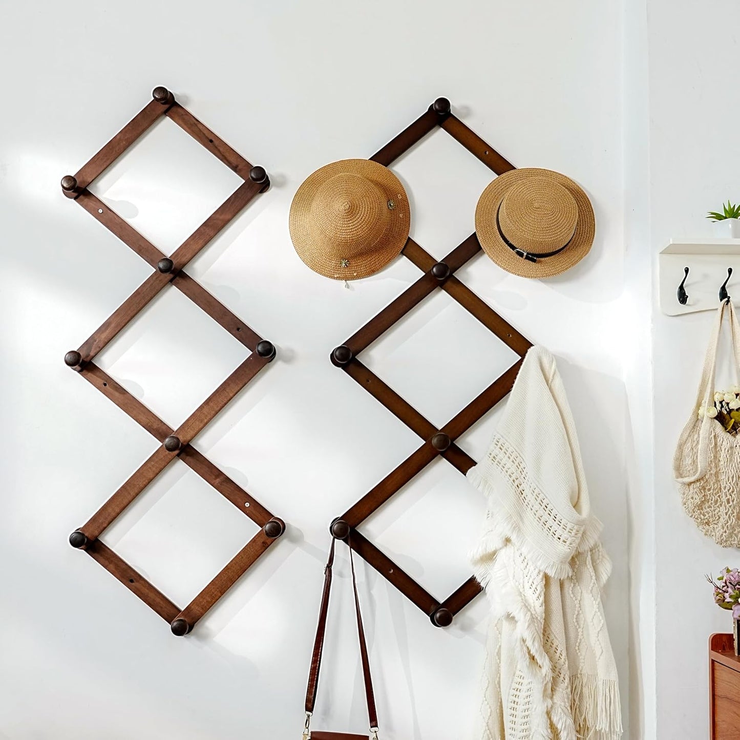 Dseap Expandable Coat Rack (Larger Version) - 24” High, Anti-Slip, Ultra Heavy Duty Wooden Accordian Wall Hanger with 10 Study Peg Hooks for Clothing Hats Jackets Bags, White