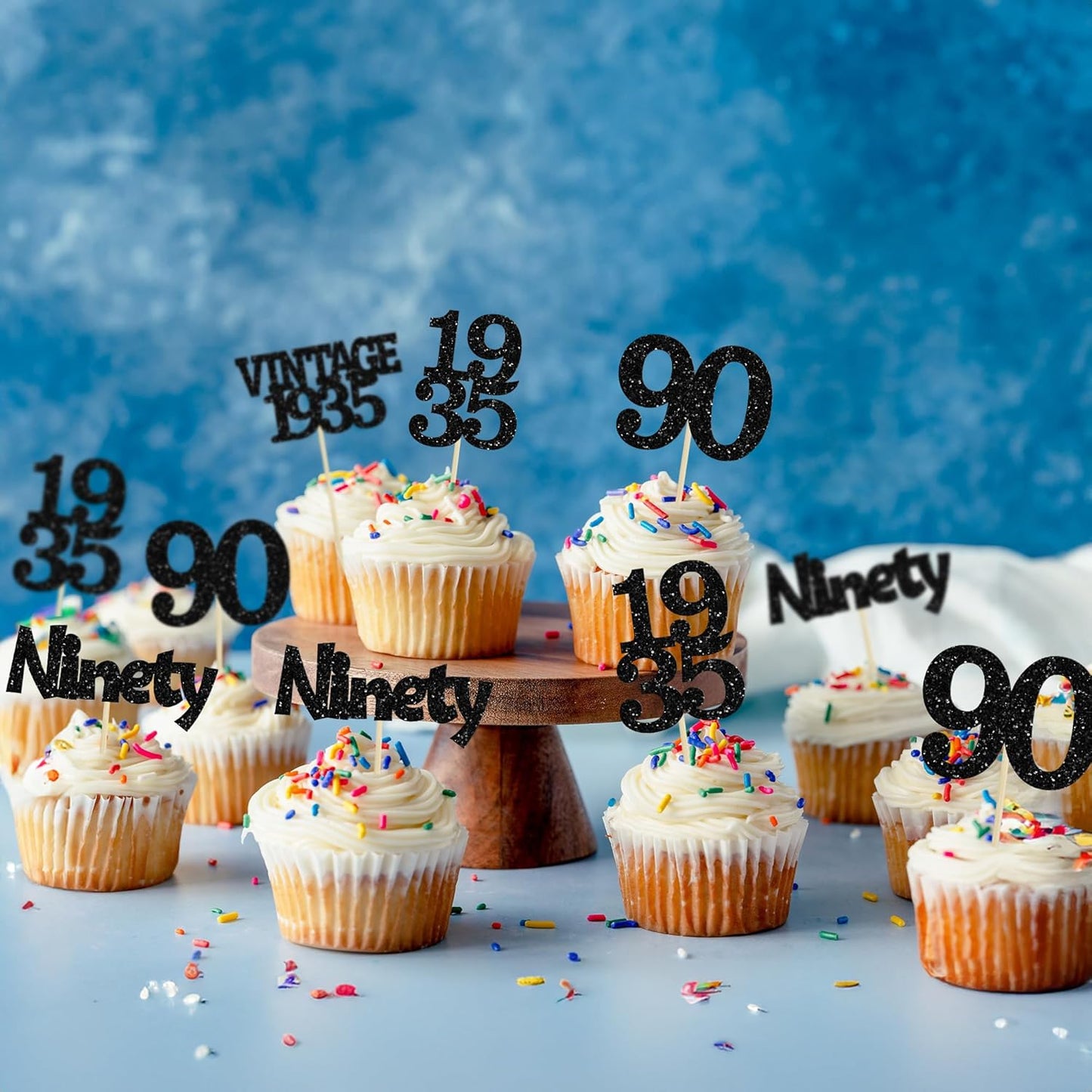 Gyufise 24Pcs Vintage 1935 Cupcake Toppers Glitter Cheers to 90 Fabulous Ninety Cupcake Picks 90th Birthday Wedding Anniversary Party Cake Decorations Supplies Black