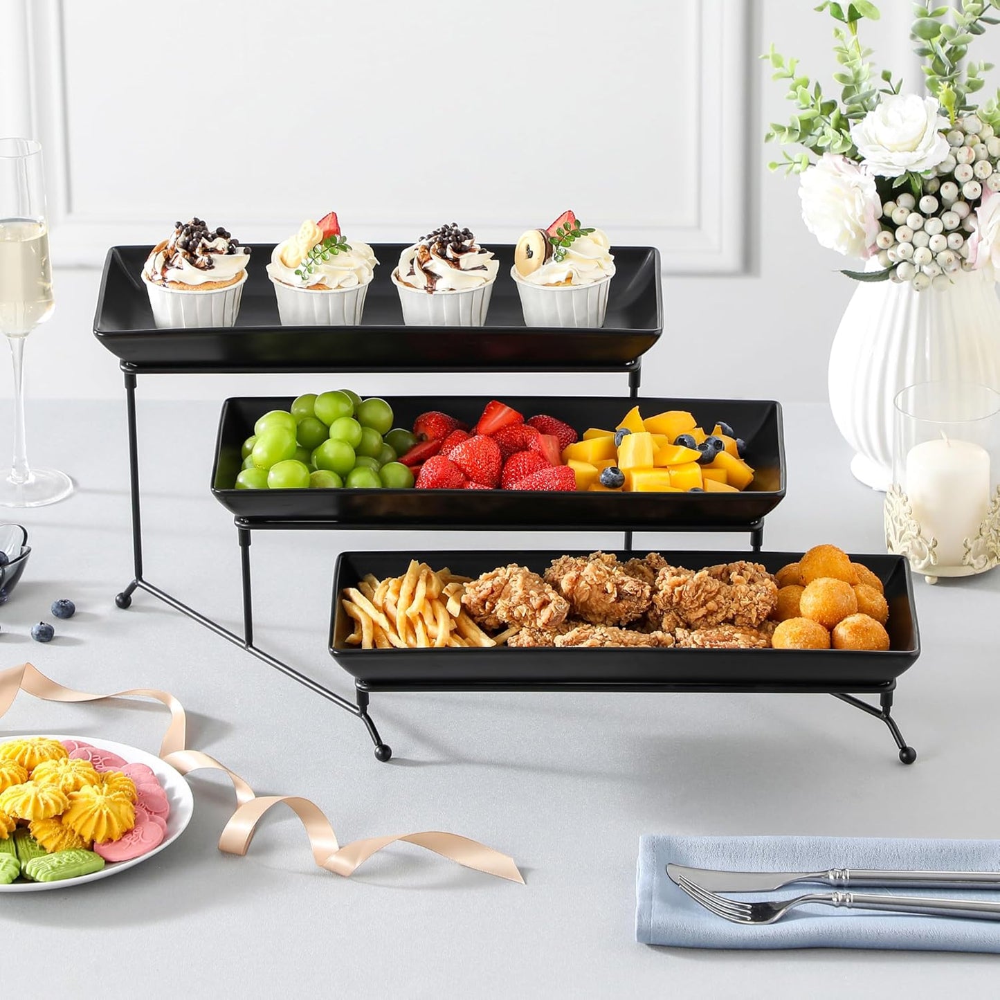 MALACASA 3 Tier Serving Trays for Party, Stoneware Serving Platters and Trays, 14 Inch Tiered Tray Stand, Fruit Tray, Trays for Serving Food, Black Dessert Stand with Collapsible Sturdier Metal Rack