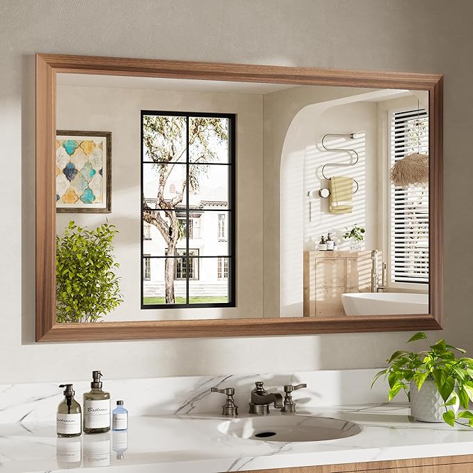 48x30 Inch Bathroom Mirror for Wall, Anti-Rust Walnut Wood Grain Metal Framed by Briivuemodernmirrors