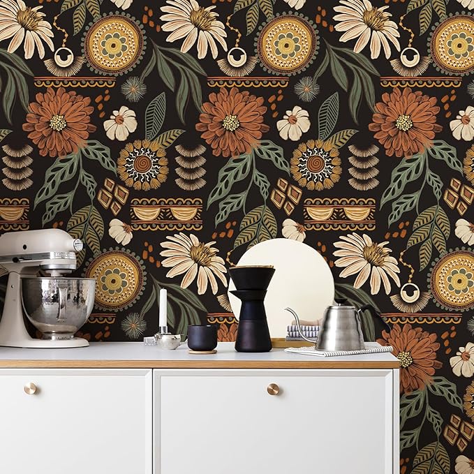 Simon&Siff Boho Peel and Stick Wallpaper, 17.3" x 800" Sun Floral Retro Contact - Image 5