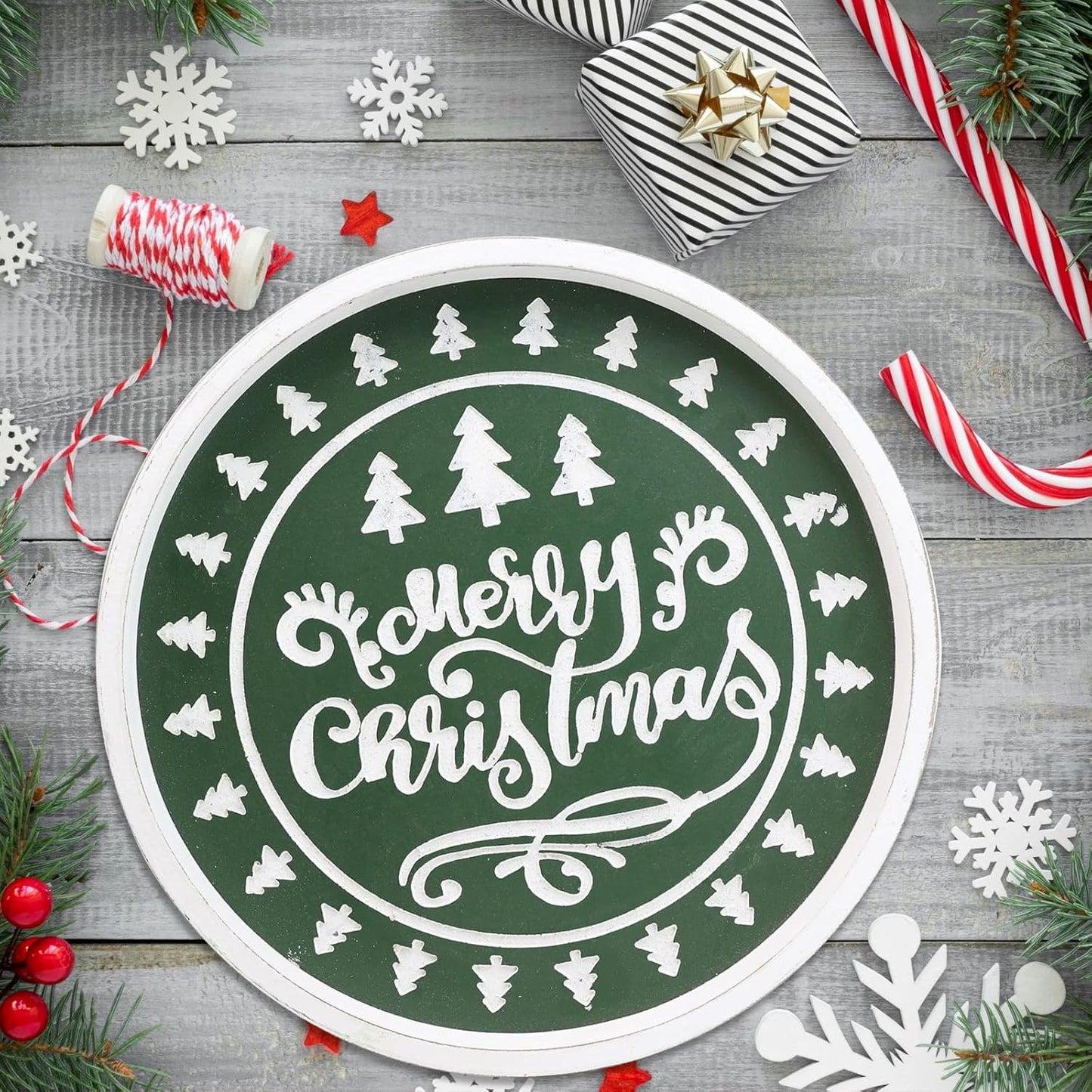 Christmas Wood Decorative Ottoman Tray for Coffee Table Kitchen Counter, Living Room, Round Handcrafted Green Wooden Serving Tray for Table Centerpiece