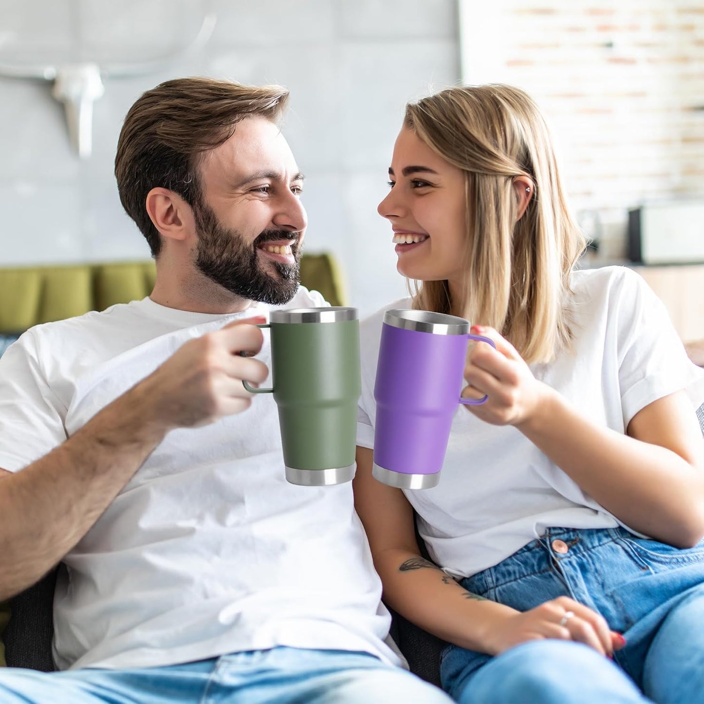 HASLE OUTFITTERS 20oz Tumbler Bulk with Lid, Stainless Steel Tumbler Bulk with Handle, Metal Insulated Travel Coffee Mug Set with Handle, Double Wall Vacuum Leak Proof Tumbler Cup, Purple 6 Pack