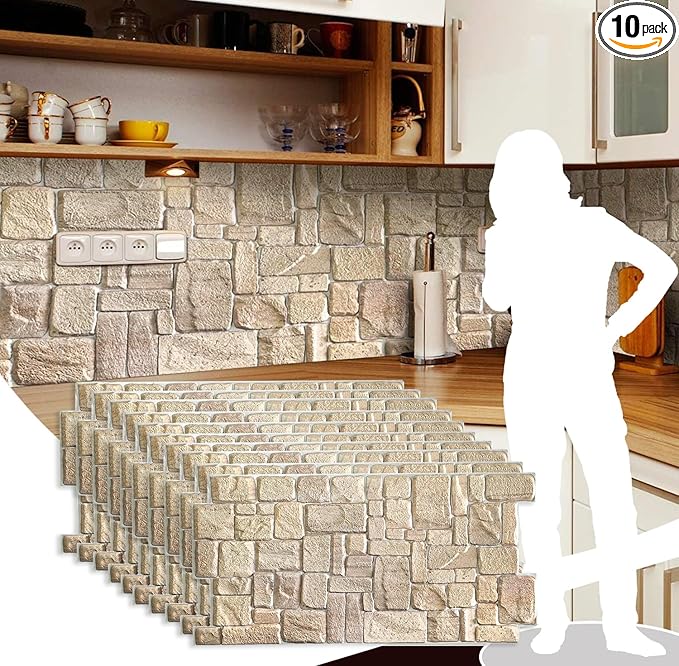 Dundee Deco PG7005-10 Beige Faux Limestone PVC 3D Wall Panel, 3.3 ft X 1.7 ft by DundeeDeco