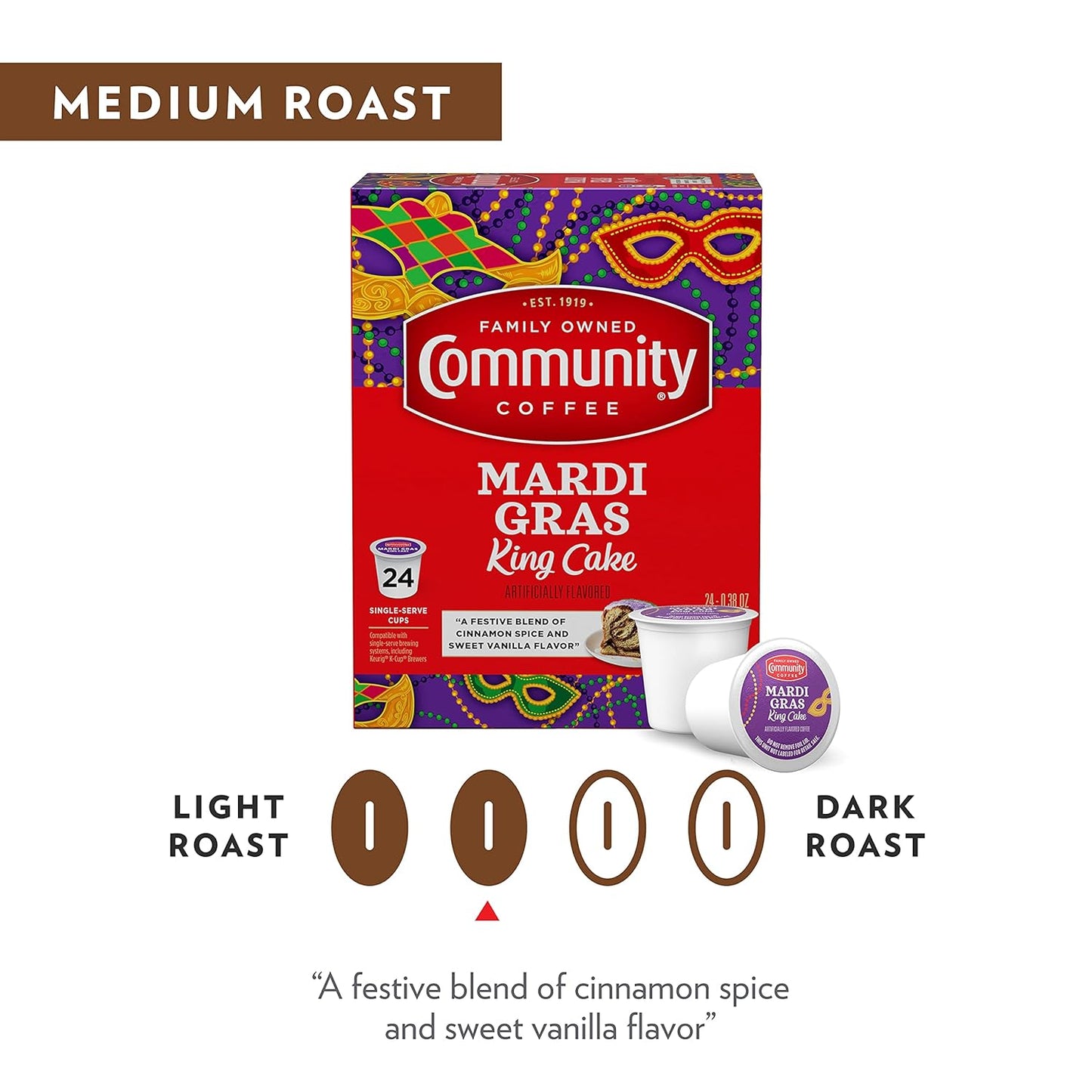 Community Coffee Mardi Gras King Cake Flavored 36 Count Coffee Pods, Medium Roast, Compatible with Keurig 2.0 K-cup Brewers, 12 Count (Pack of 3)