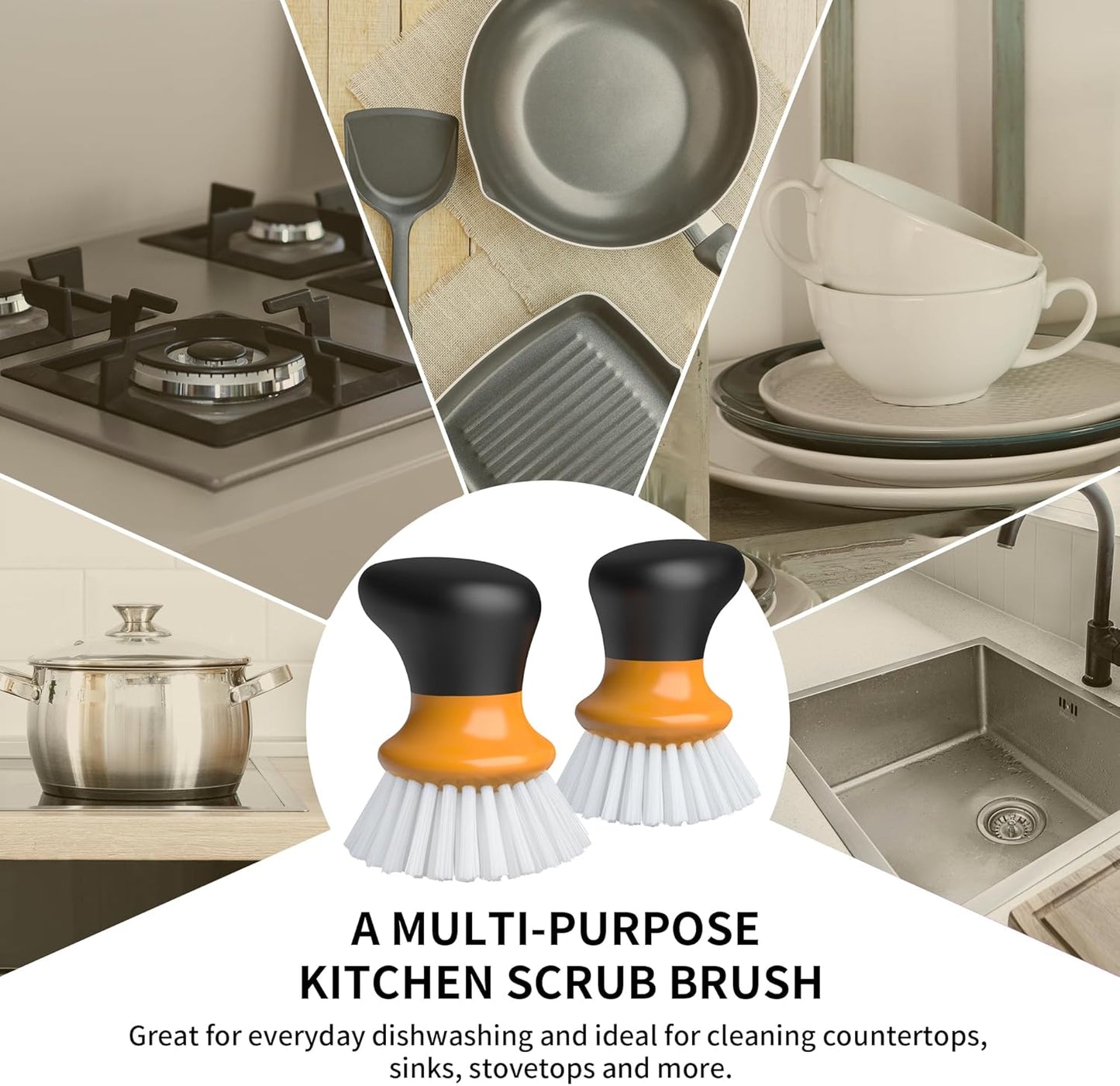 MR.SIGA Dish Scrub Brush, Palm Brush Dish Scrubber with Ergonomic Grip, Kitchen Brushes for Dishes, Orange, Pack of 2