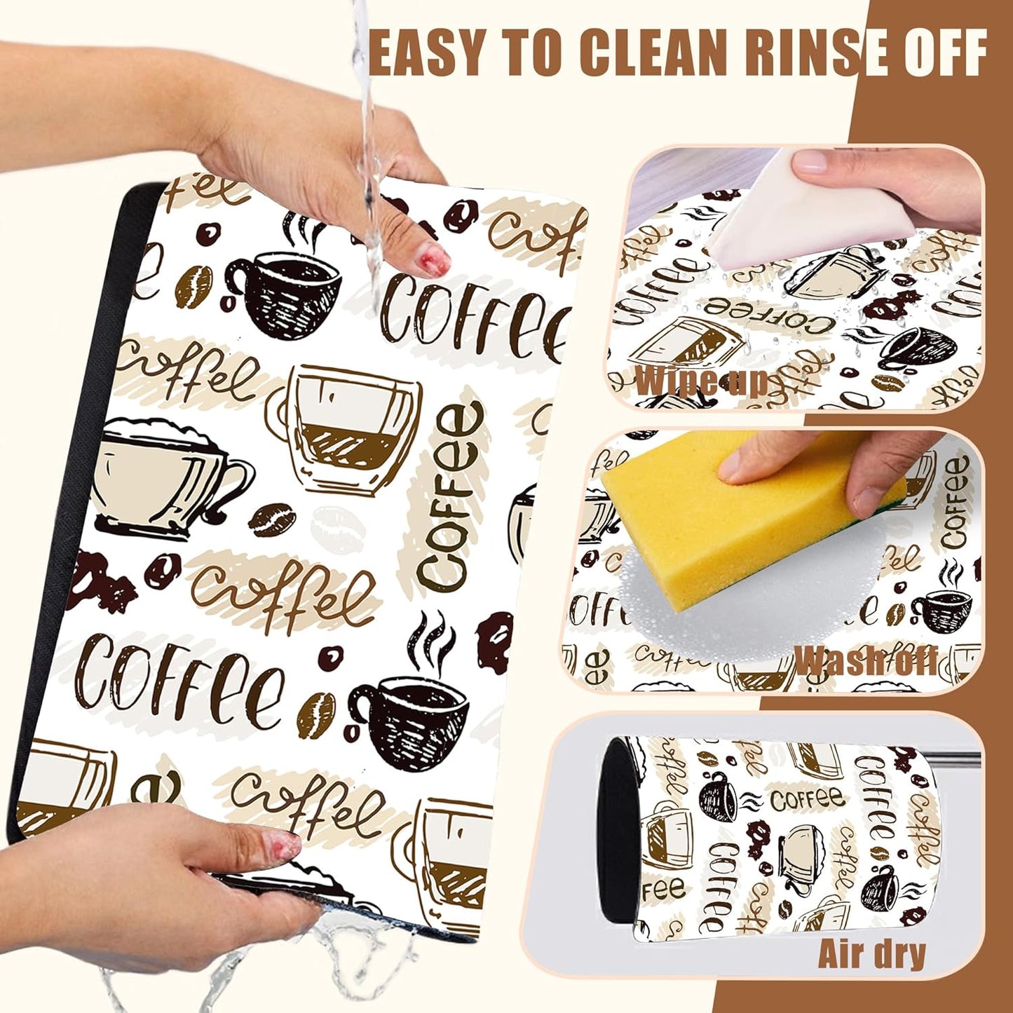 Coffee Cute Doodle Dish Drying Mat for Kitchen Counter Coffee Bar Mat Hide Stain Absorbent Rubber Backed Drying Rack Pad Fit Espresso Machine Table Accessories 11.8 x 19.7 Inch