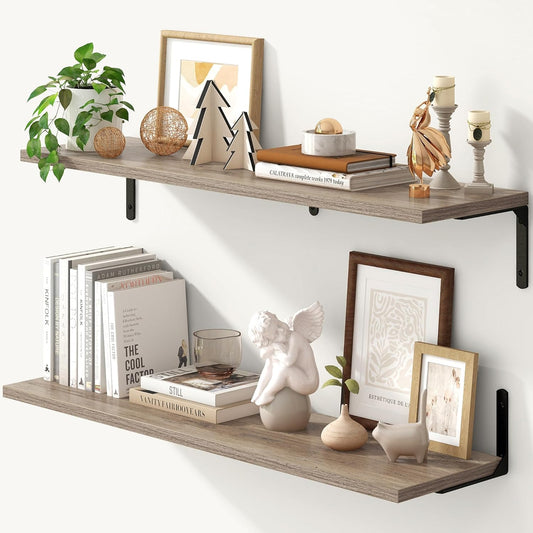 Fun Memories Deep Floating Shelves, 36W x 8D Floating Shelves Set of 2, Wall Mounted Shelf with Metal Brackets, Rustic Wood Wall Shelf for Bathroom, Kitchen and Living Room, Grey