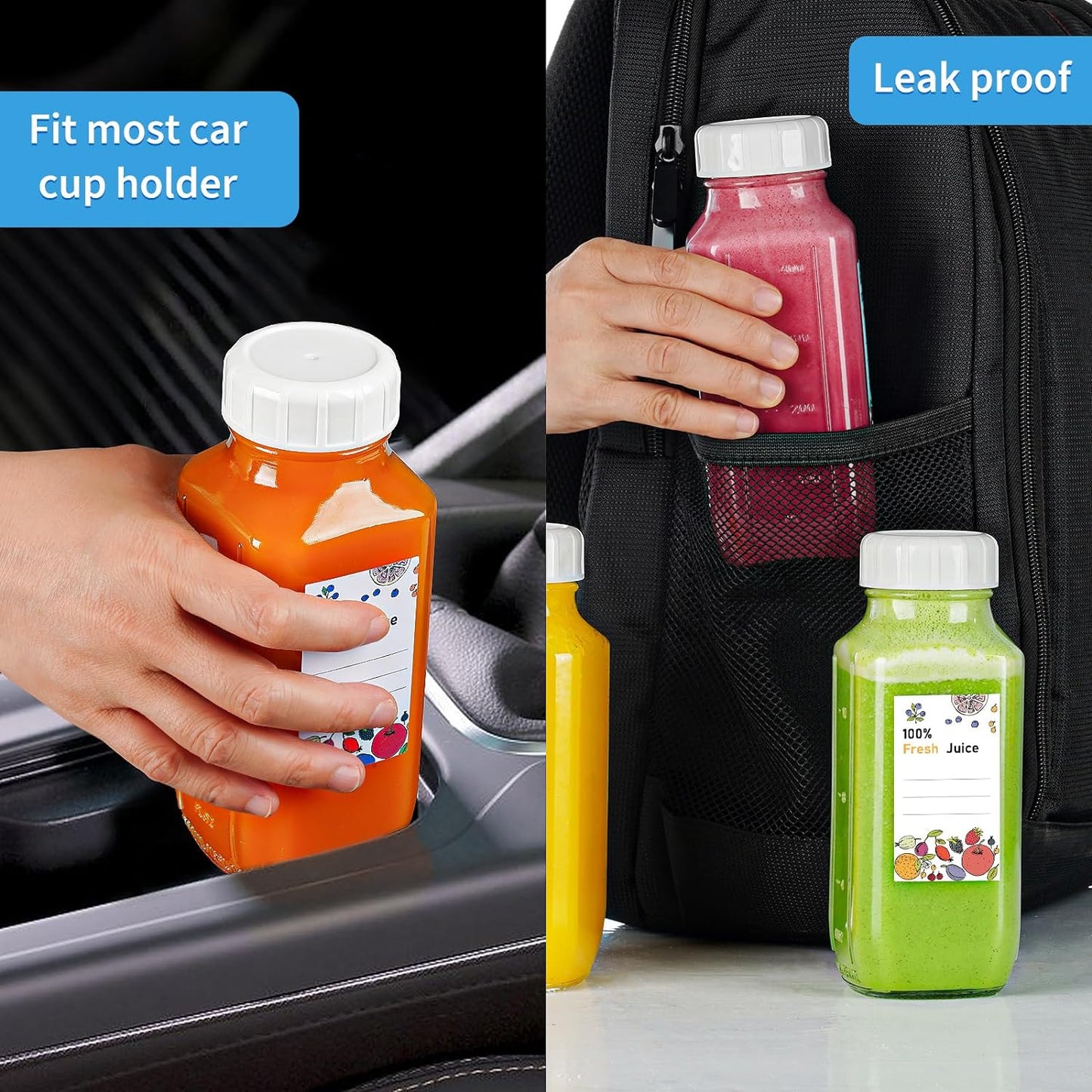 6 Pack 16 Oz Glass Juice Bottles with Pour Spout, 100% Airtight Heavy Duty SCREW Lid- Reusable Glass Milk Bottles w Capacity Mark, Square Drinking Jar Juice Container Breast Milk Pitcher(Extra 2 Lid)