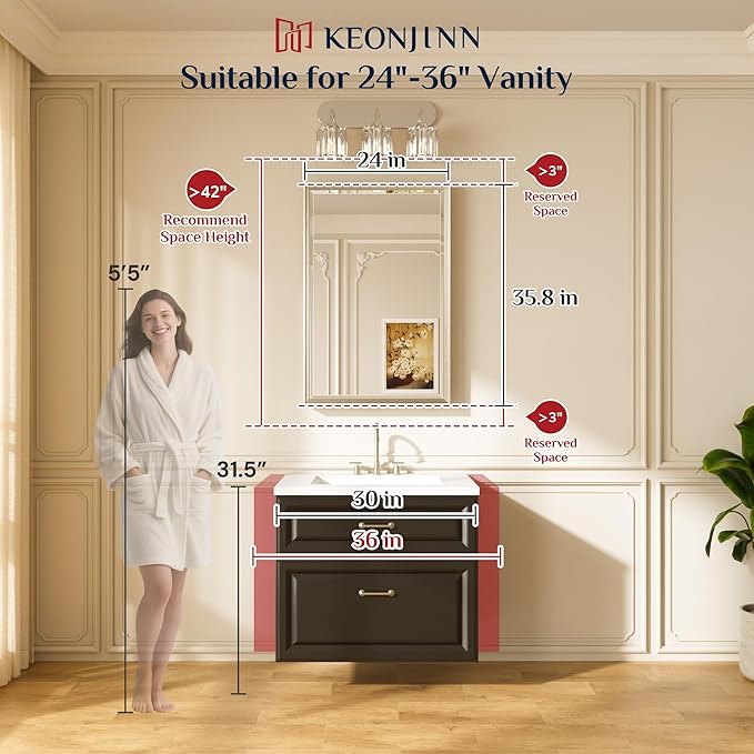 Keonjinn Brushed Nickel Bathroom Mirror 24" x 36", Sculpted Wide Frame - Image 2