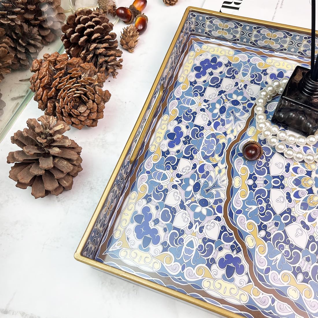 Blue Decorative Tray, Serving Tray with Handles, Plastic Large Tray for Coffee Table, Living Room, Decor, 15.7”*11.8”*1.6"