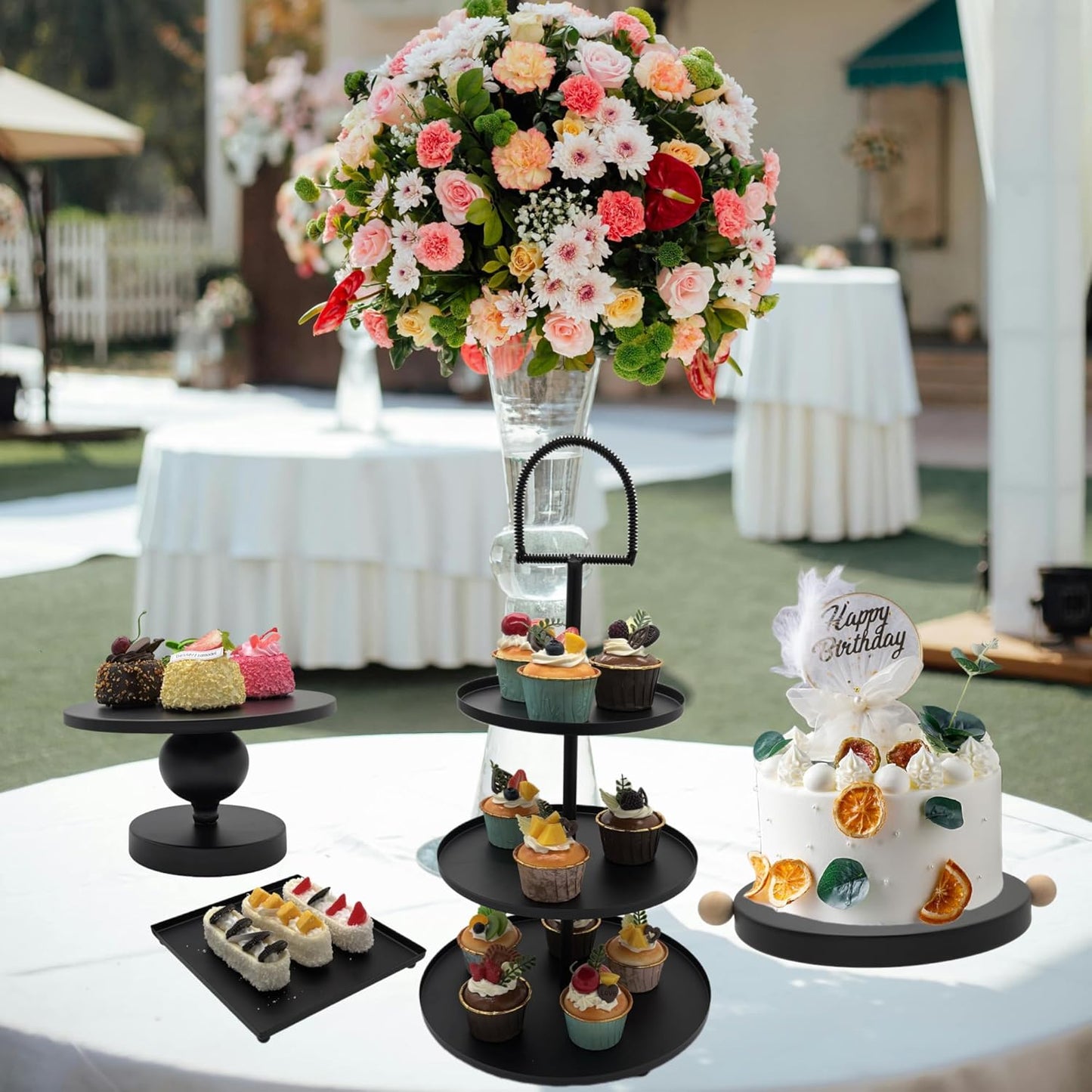 Set of 7 Black Cake Stands Metal Dessert Display Holder Round 3 Tier Cupcake Stand Serving Tray Platter Cake Pedestal Stand for Party Weddings Birthday Baby Showers Anniversary