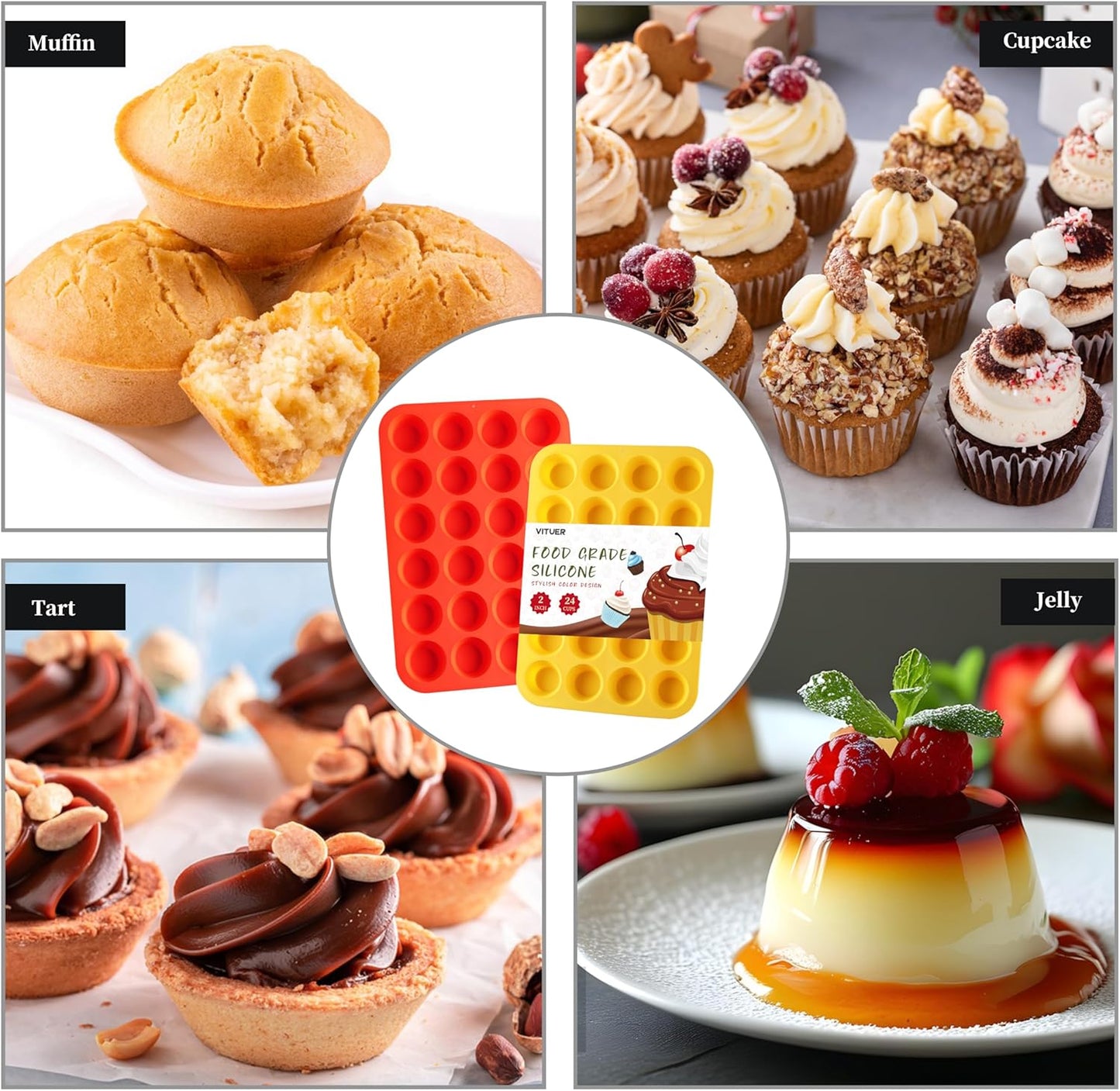 2PCS Silicone Mini Muffin Cupcake Pan, Non-Stick 24-Cavity Silicone Muffin Pans for Baking, Great for Making Muffin, Cakes, Tart, Bread, BPA Free, Dishwasher Safe (Red+Yellow)