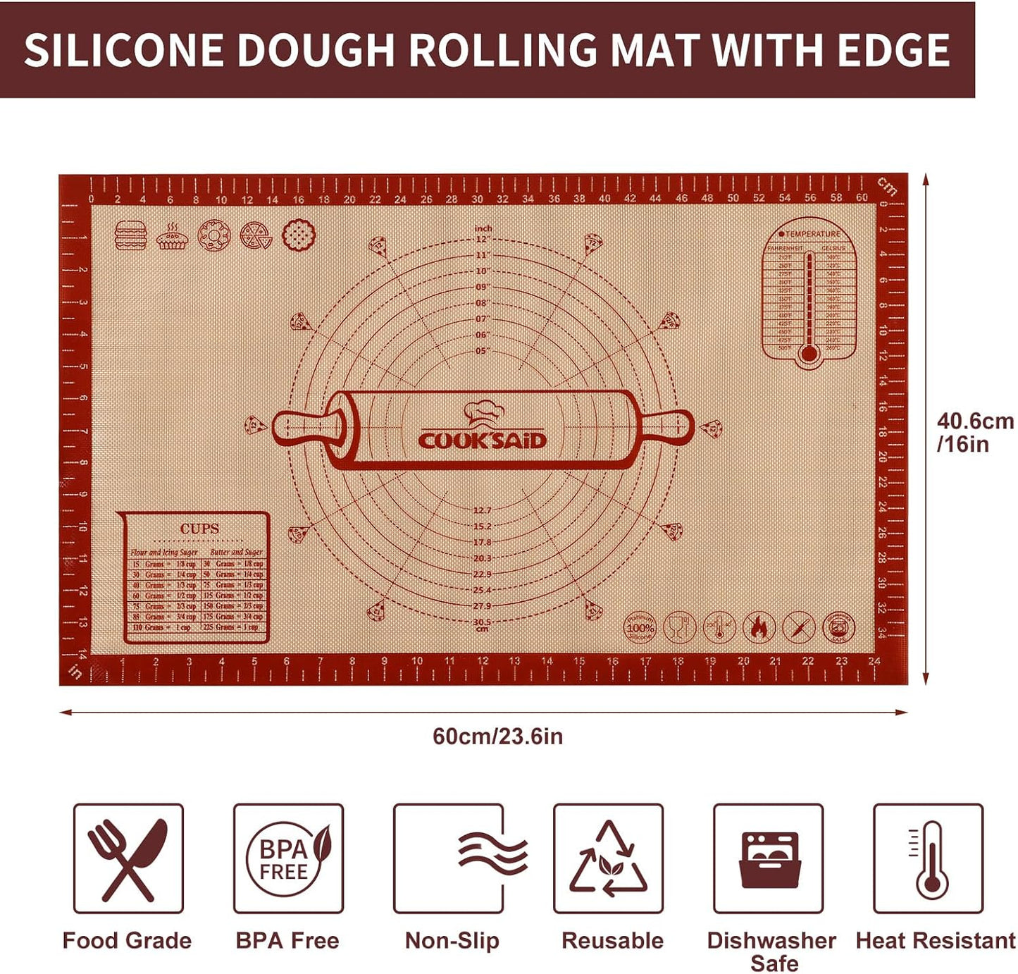 Cook's Aid Silicone Pastry Mat Extra Large with Measurements 26''x16'' for Reusable,Non-slip Silicone Baking Mat, Counter, Dough Rolling, Oven Liner,Fondant/Pie Crust, Red