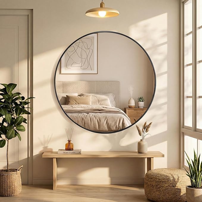 OLIXIS 30 Inch Black Round Bathroom Wall Mirror, Round Bathroom Mirrors - Image 7