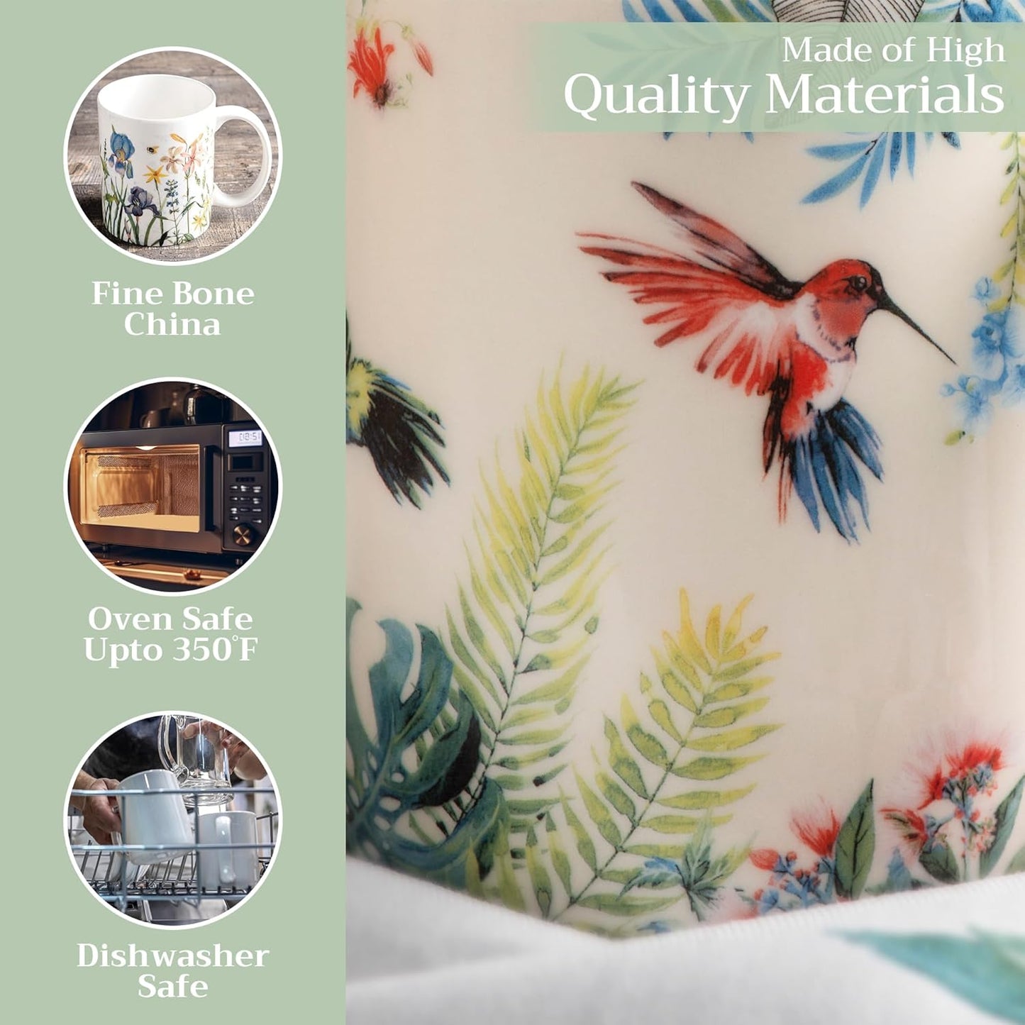 Maison d' Hermine Coffee Mug with Handles Fine Bone China Mugs Pack of One Tea Cups for Hot Beverages Cappuccino Latte Home Restaurant Office Perfect for Gift (Tropiques - Colibris, 12 Ounce)