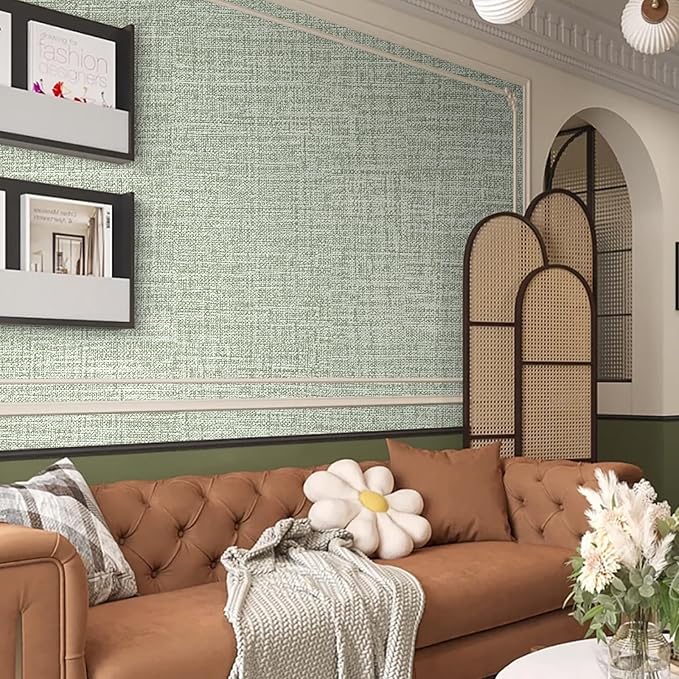 Green Grasscloth Peel and Stick Wallpaper 17.3"x300" Faux Linen Textured - Image 7