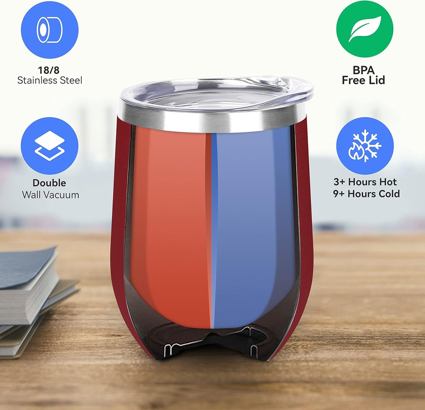 DOMICARE Stainless Steel Wine Tumbler Bulk with Lid, Personalized Insulated Tumblers Set, 12oz Travel Coffee Cups Pack of 4, Red