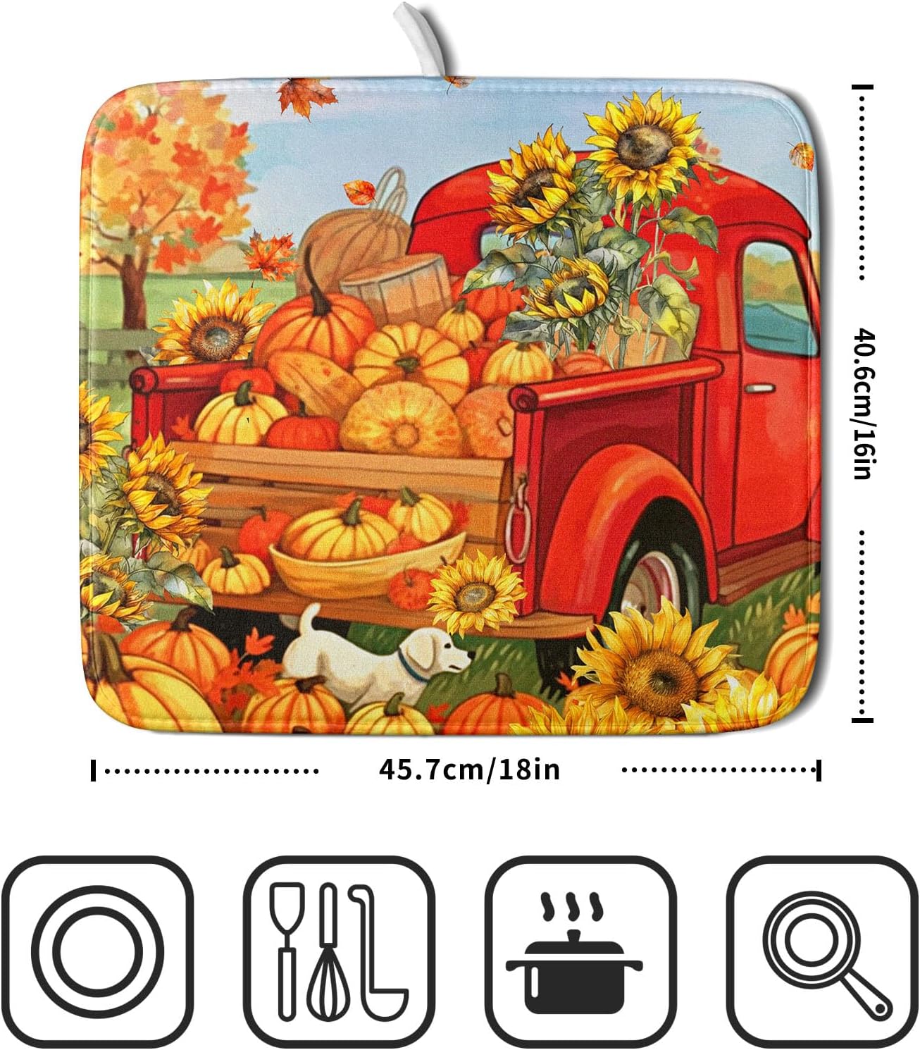 Autumn Pumpkin Red Truck Dish Drying Mat for Kitchen Counter,Fall Leaves Sunflower Cue Dog Harvest Drying Mat 16 x 18 Inch Microfiber Dish Drying Pad Dish Rack Drainer Mat for Coffee Bar