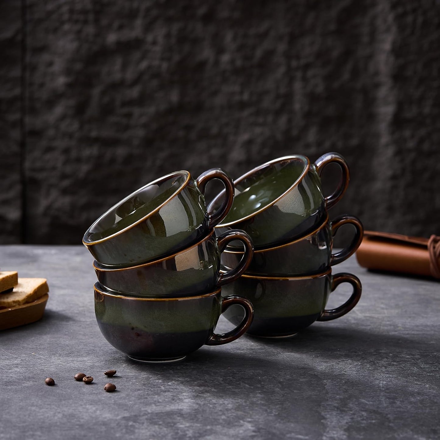 Set of 6 Vintage Design 12 oz Professional Barista Ceramic Latte Art Cappuccino Cups Set (Sea Grey * 6)